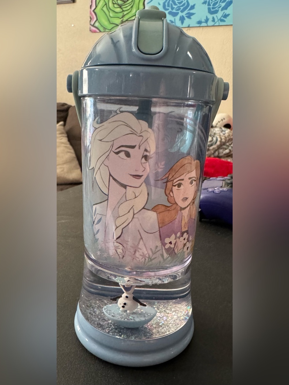 Disney Frozen Blue Glitter Snow Globe Water Bottle with Elsa, Anna & Olaf